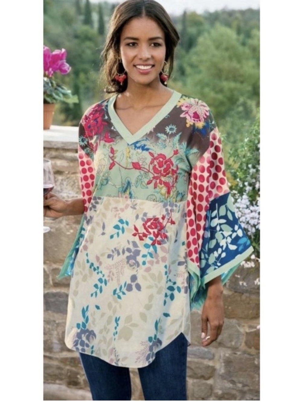 Soft Surroundings Izumi Kimono Sleeve Embroidered Caftan Tunic